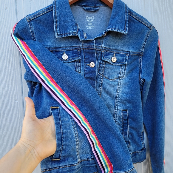 Wonder Nation Juniors Jean Jacket Size XL 14-16 Rainbow Ribbon - Picture 2 of 5